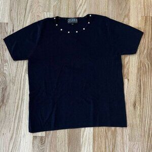 Casamia old money minimalist studded short sleeve navy blue blouse shirt Medium‎